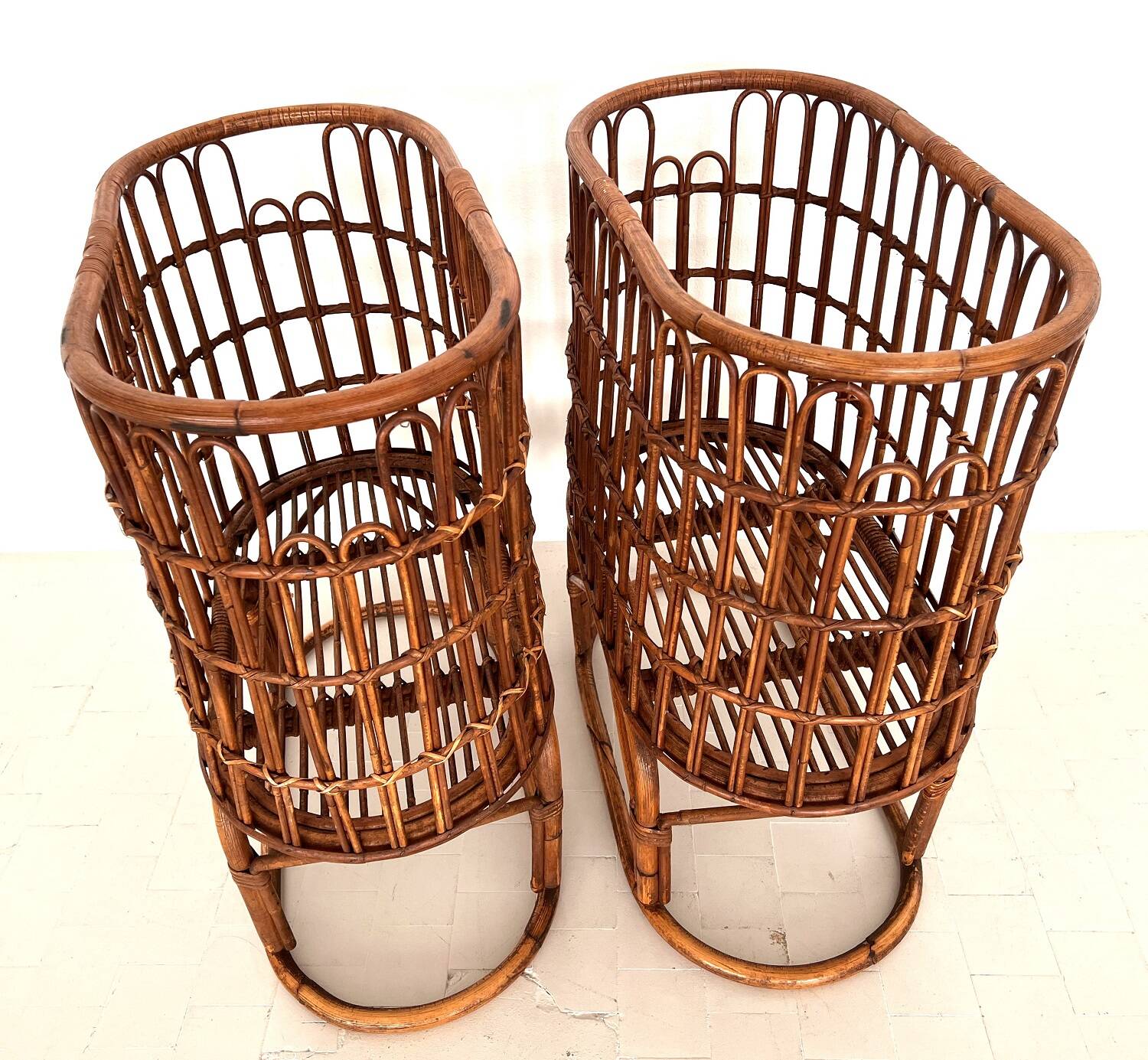 Pair French XXL Bamboo Baskets, 1970s