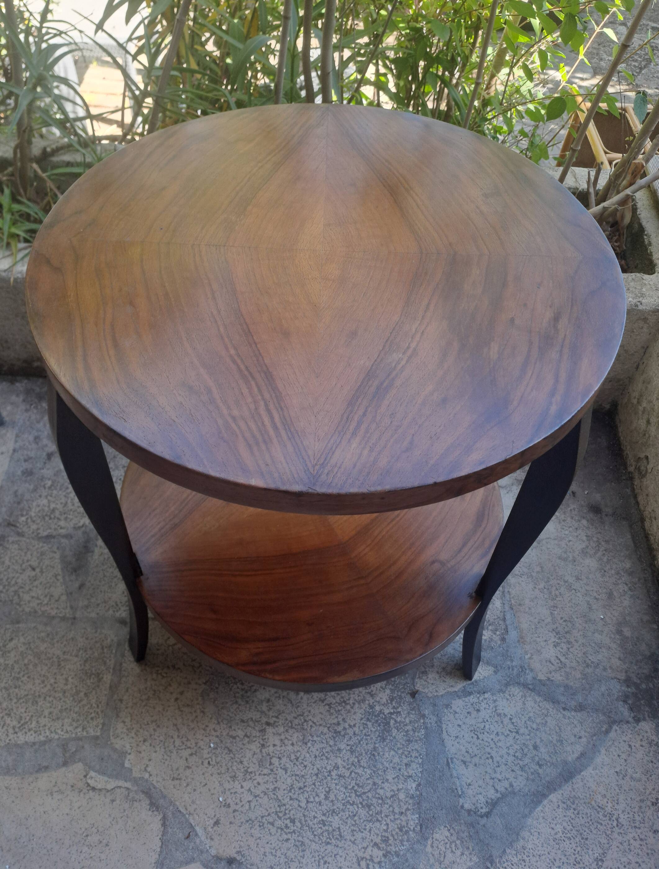 Table basse ronde en bois massif 1970 à double plateau