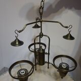 Grand lustre 3 feux en verre, opaline et laiton