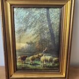 Small Framed Painting of a Pastoral Scene - Sheep & Shepherd