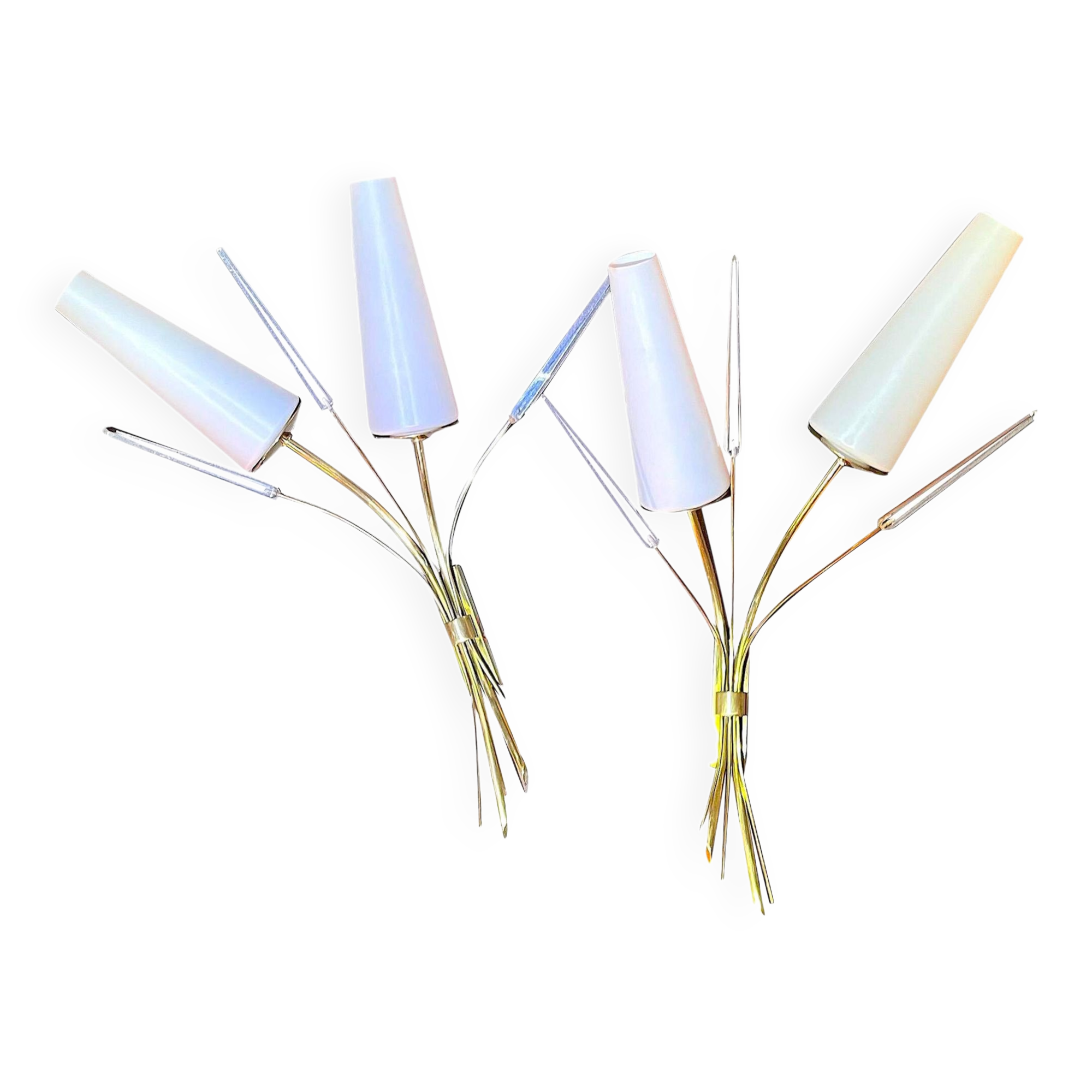 Pair of mid-century modern opaline brass wall lights, Maison Lunel, France, 1950