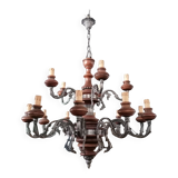 Lampadario in stile barocco a 15 luci in metallo e legno, anni '50