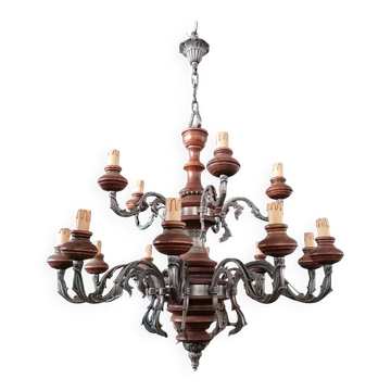 Lampadario in stile barocco a 15 luci in metallo e legno, anni '50