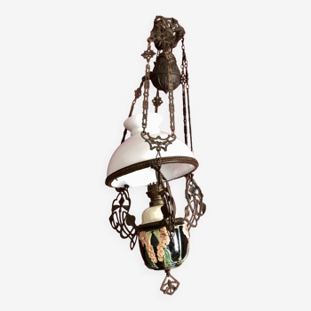 Large oil chandelier in opaline globe brass and art nouveau slip