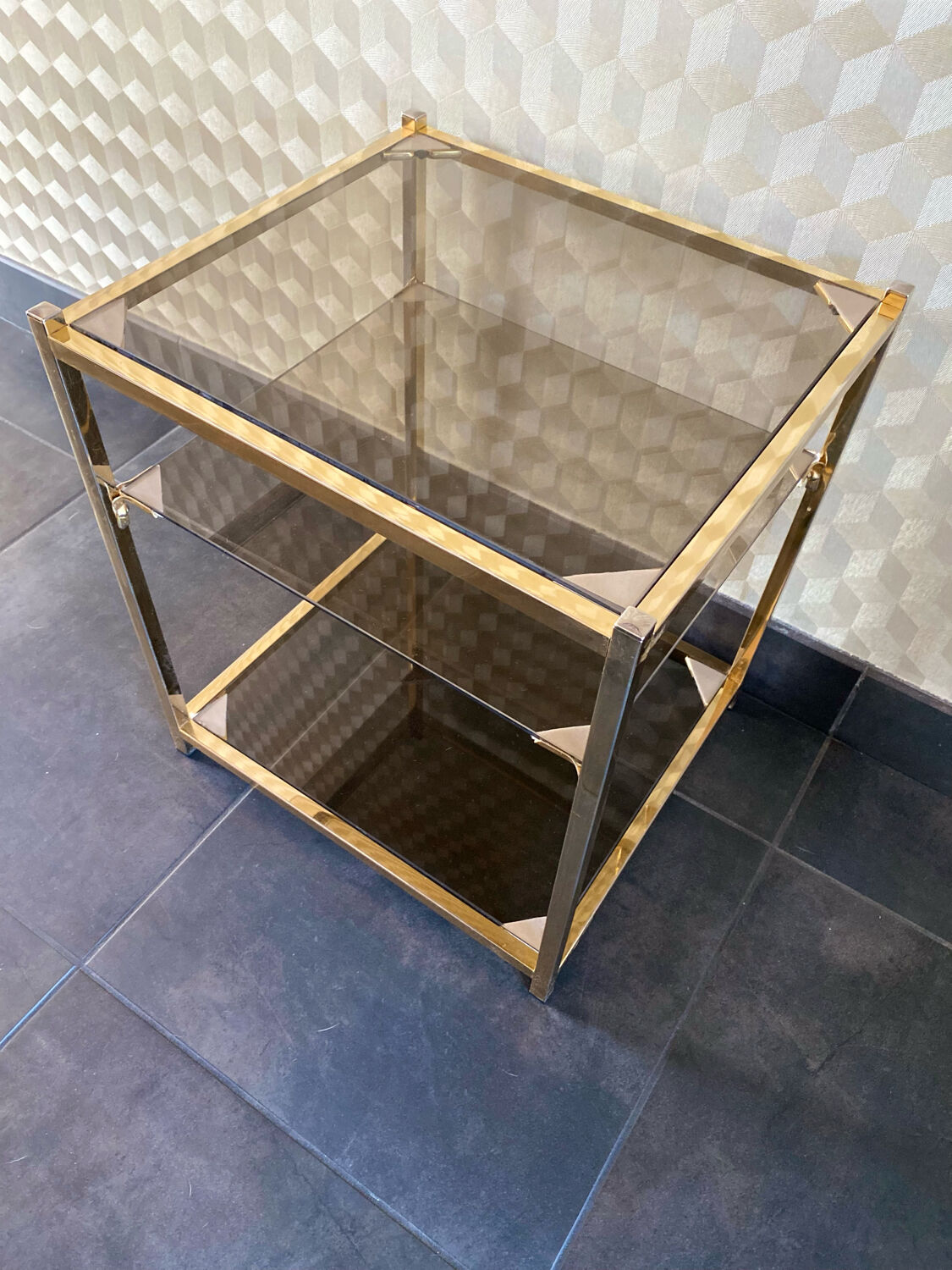 End of sofa 3 trays in smoked glass and brass-frame 70 year