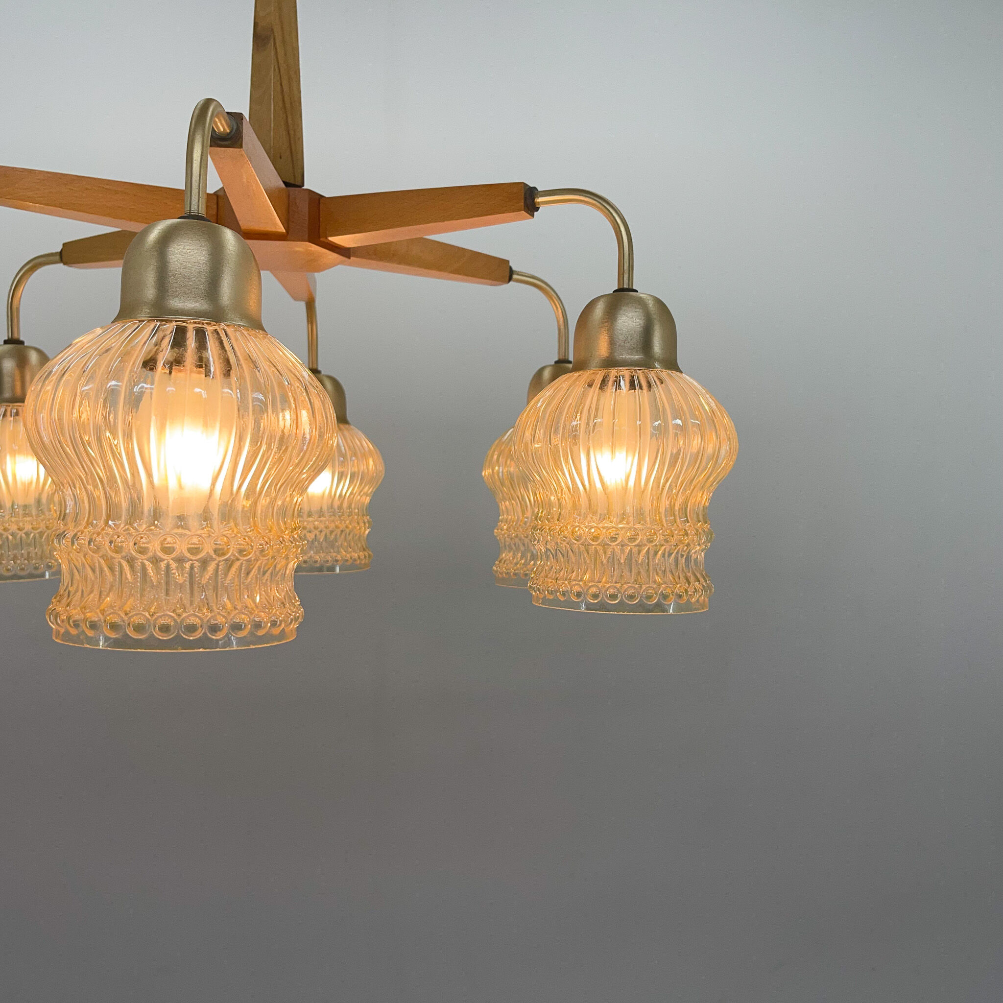 1970's Wood & Glass 6-arm Chandelier, Czechoslovakia