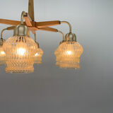 1970's Wood & Glass 6-arm Chandelier, Czechoslovakia