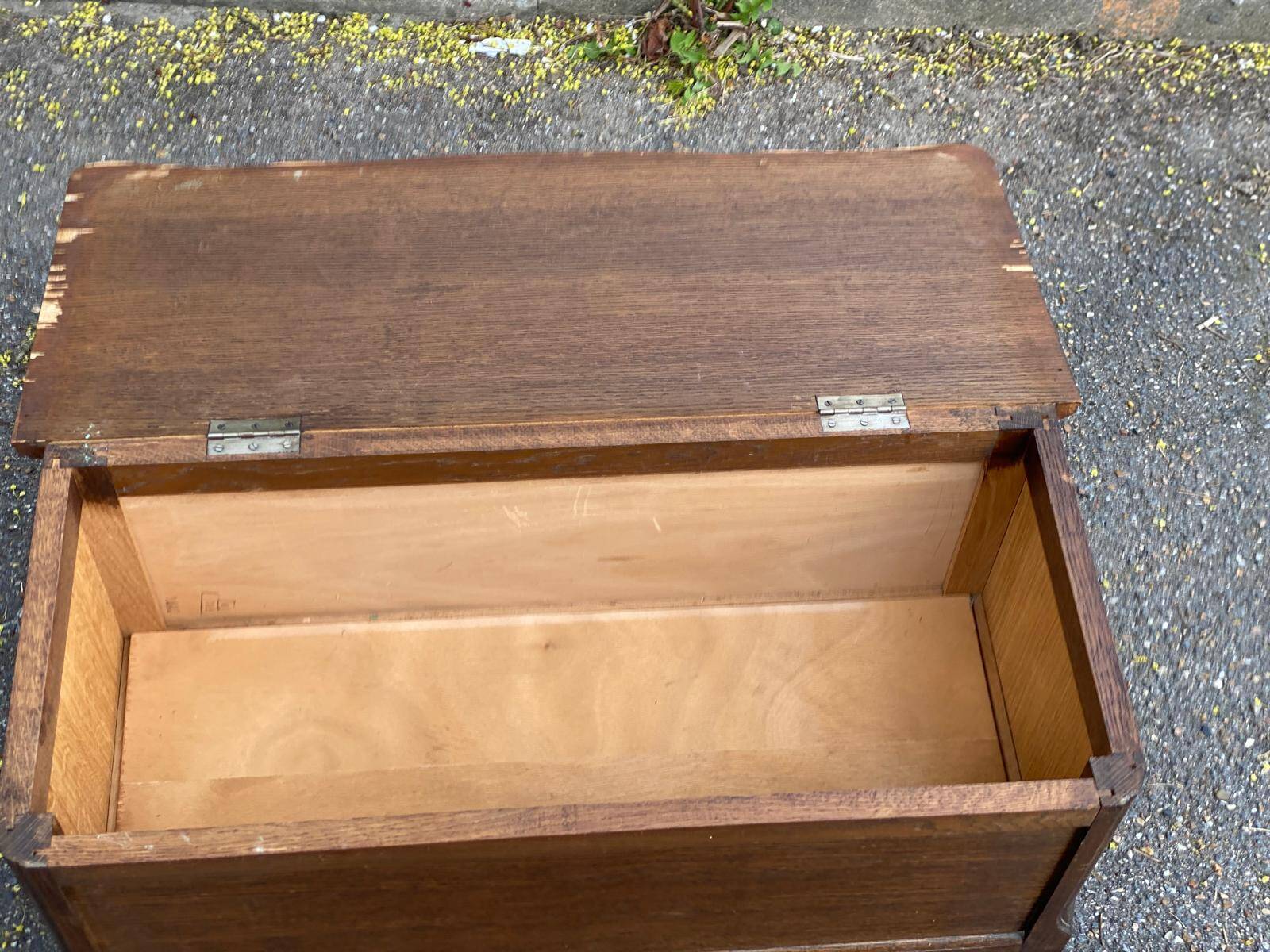 Vintage oak chest bank in dark wood, Louis XV style.