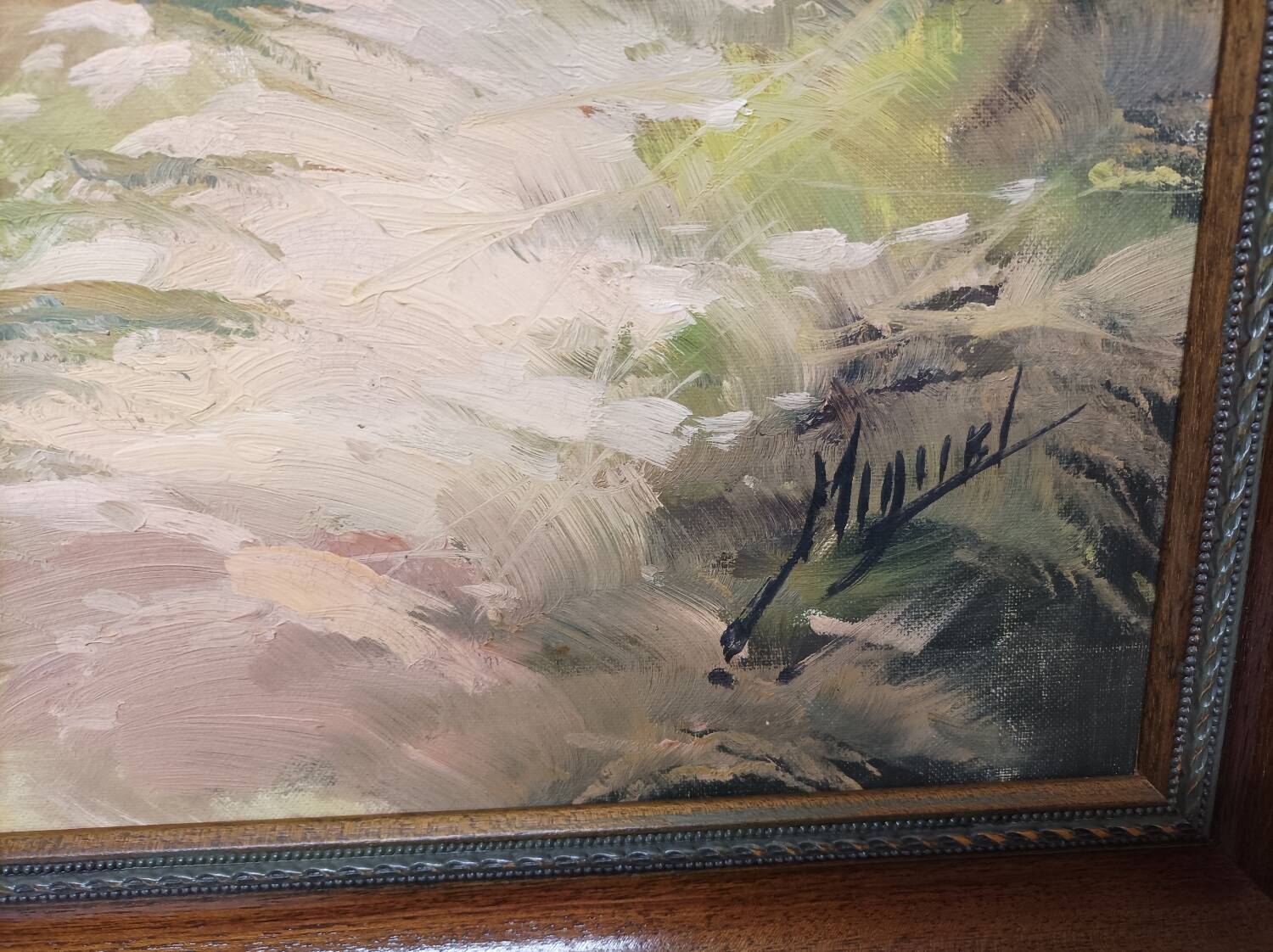 Large oil painting on canvas signed Miguel