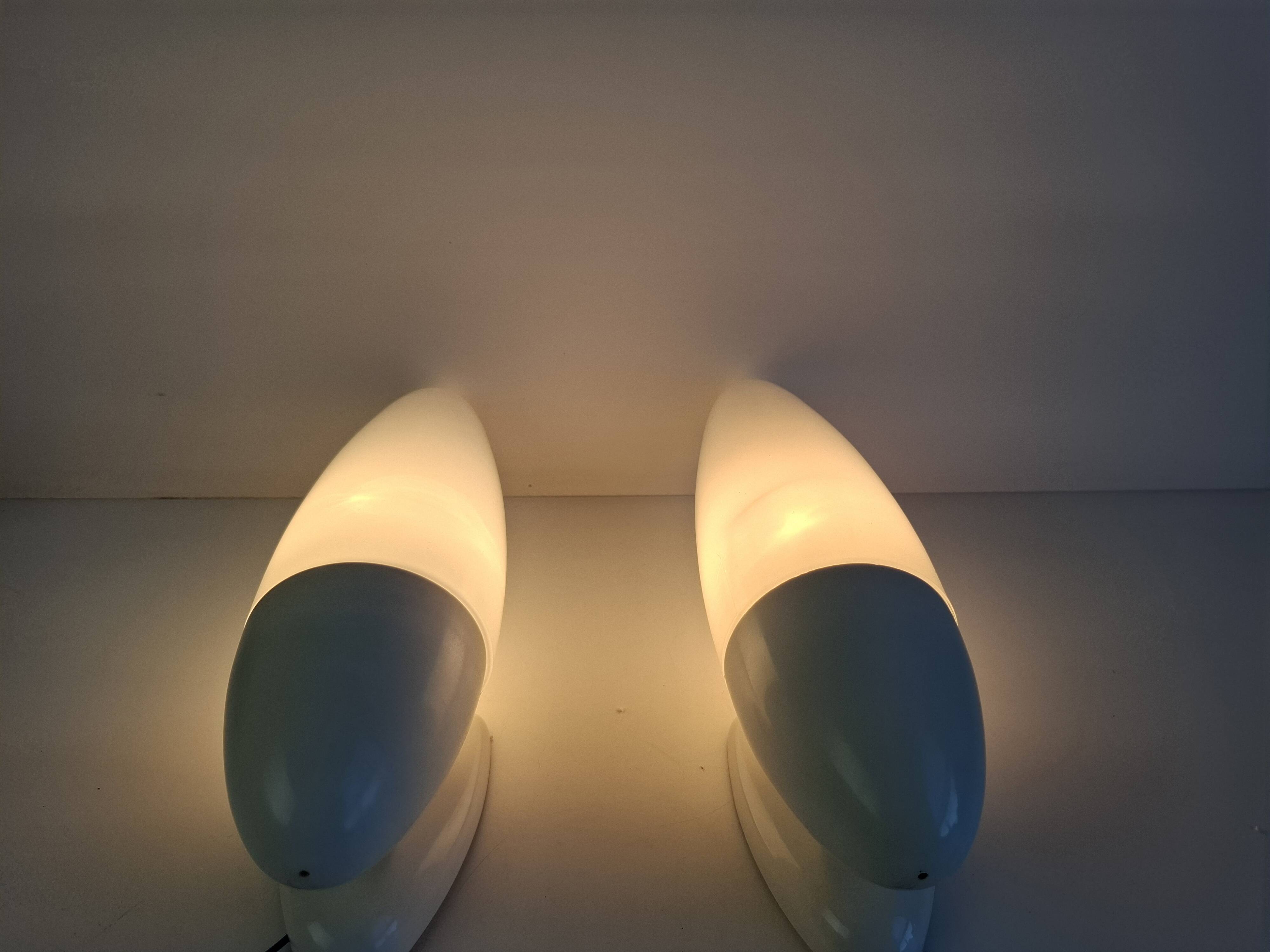 Pair of 1960s Czechoslovak Milk Glass and Bakelite Space Age Wall Sconces