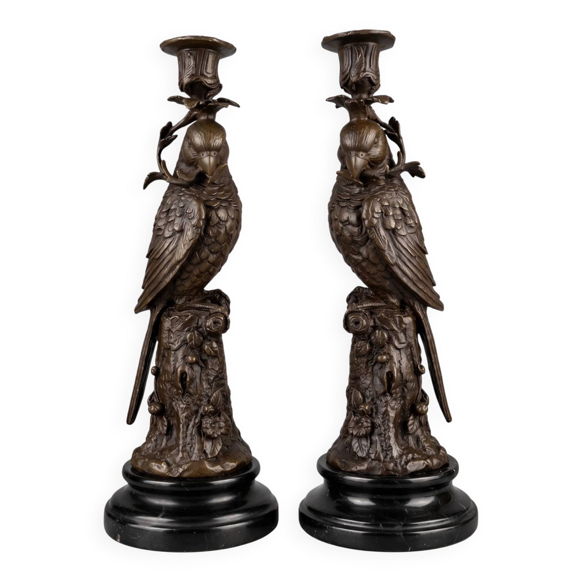 Pair of patinated bronze candlesticks with parrots on black bases – Napoleon III style / 19th century