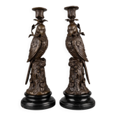 Pair of patinated bronze candlesticks with parrots on black bases – Napoleon III style / 19th century