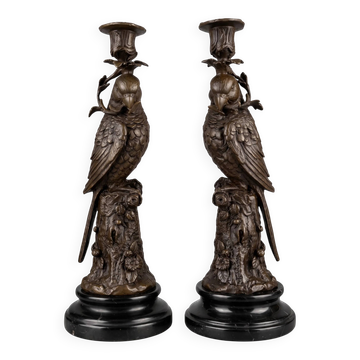 Pair of patinated bronze candlesticks with parrots on black bases – Napoleon III style / 19th century