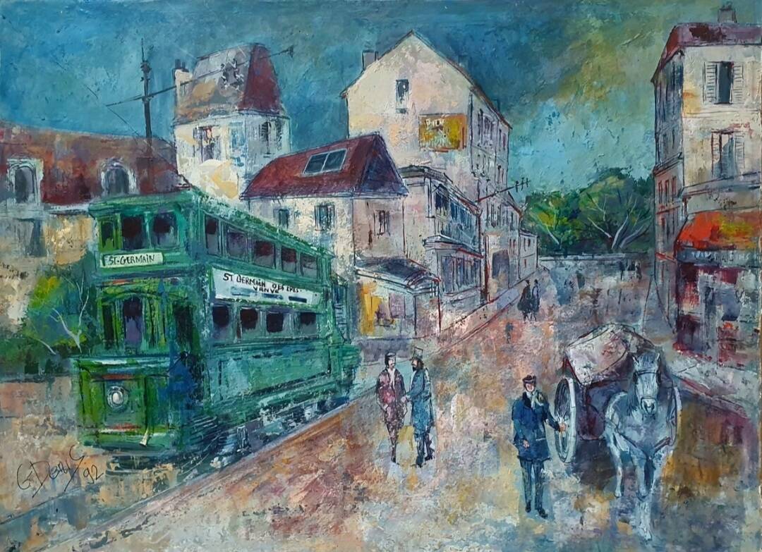 Tableau ancien rue animée à Saint Germain, signé G. Denis