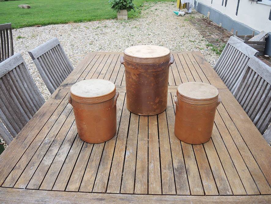 3 Old Grease Pots with Lids in Brown Glazed Stoneware