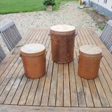 3 Old Grease Pots with Lids in Brown Glazed Stoneware