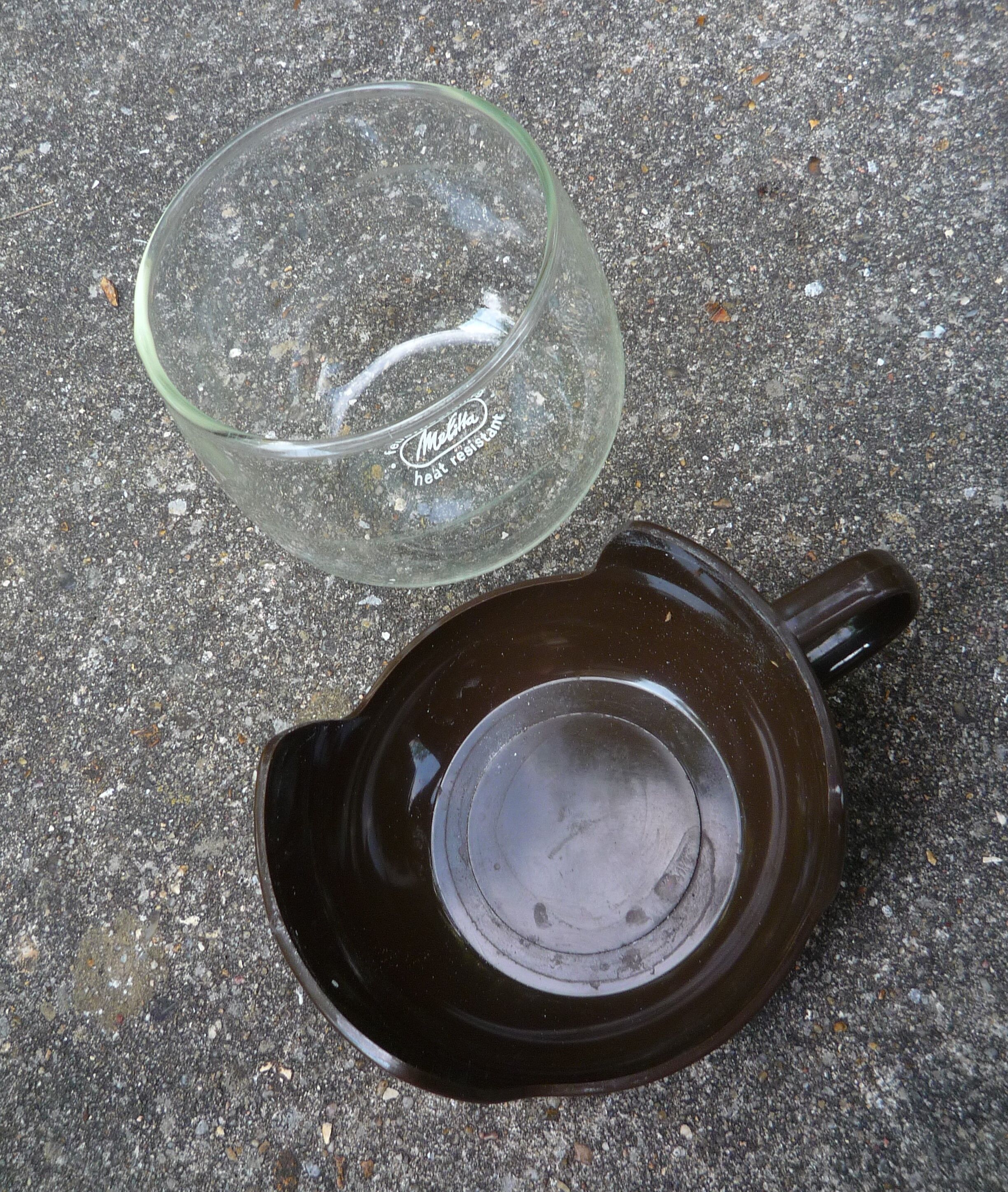 6 Melika coffee cups, brown glass and plastic, vintage 1970s