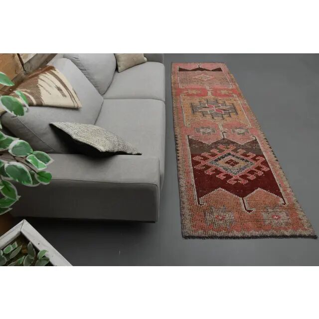 1970s Vintage Turkish Oushak Handmade Wool Cotton Pink Runner Rug 94x311