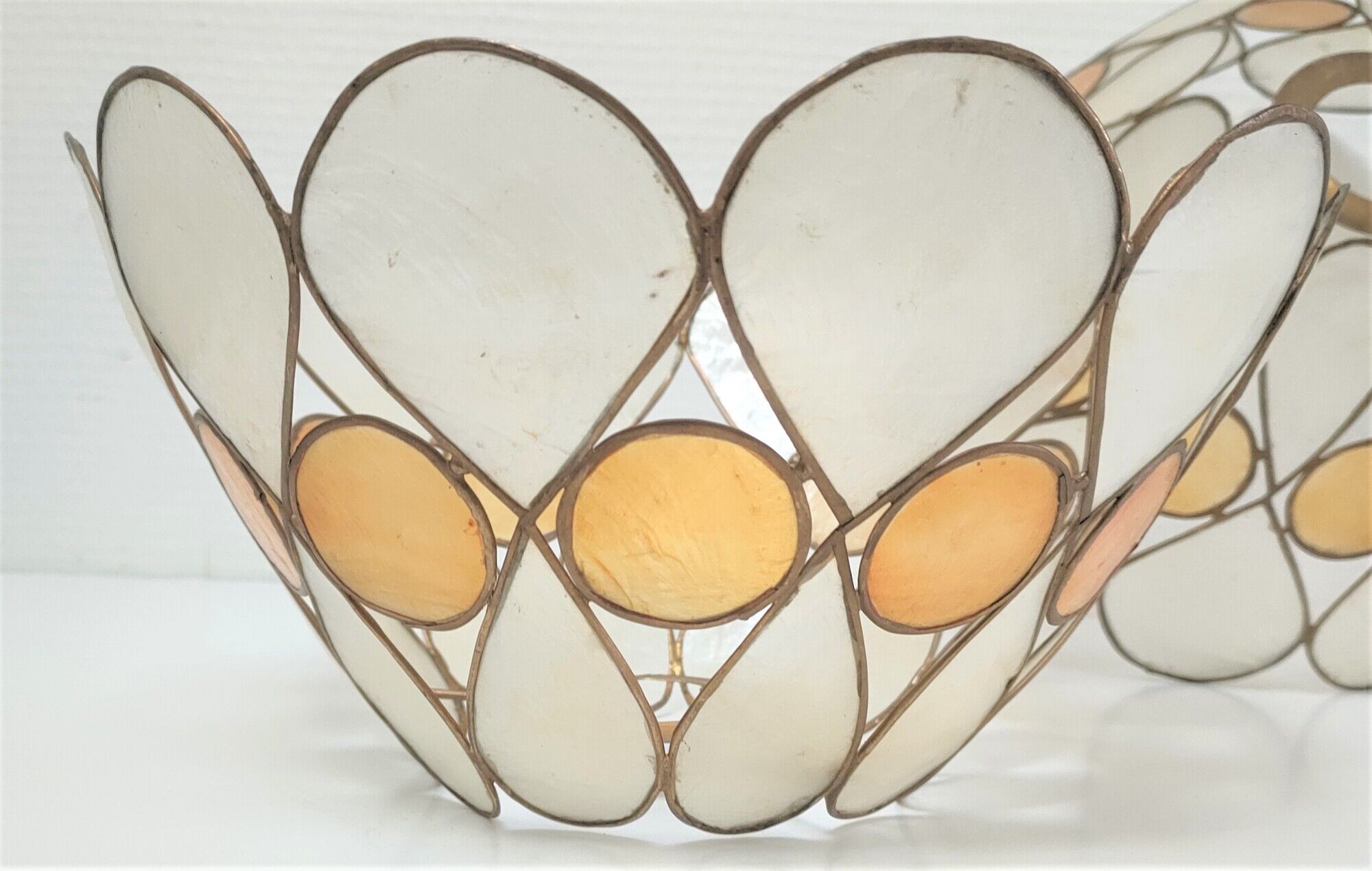 Pair of Capiz mother-of-pearl lampshade and vintage gilded metal