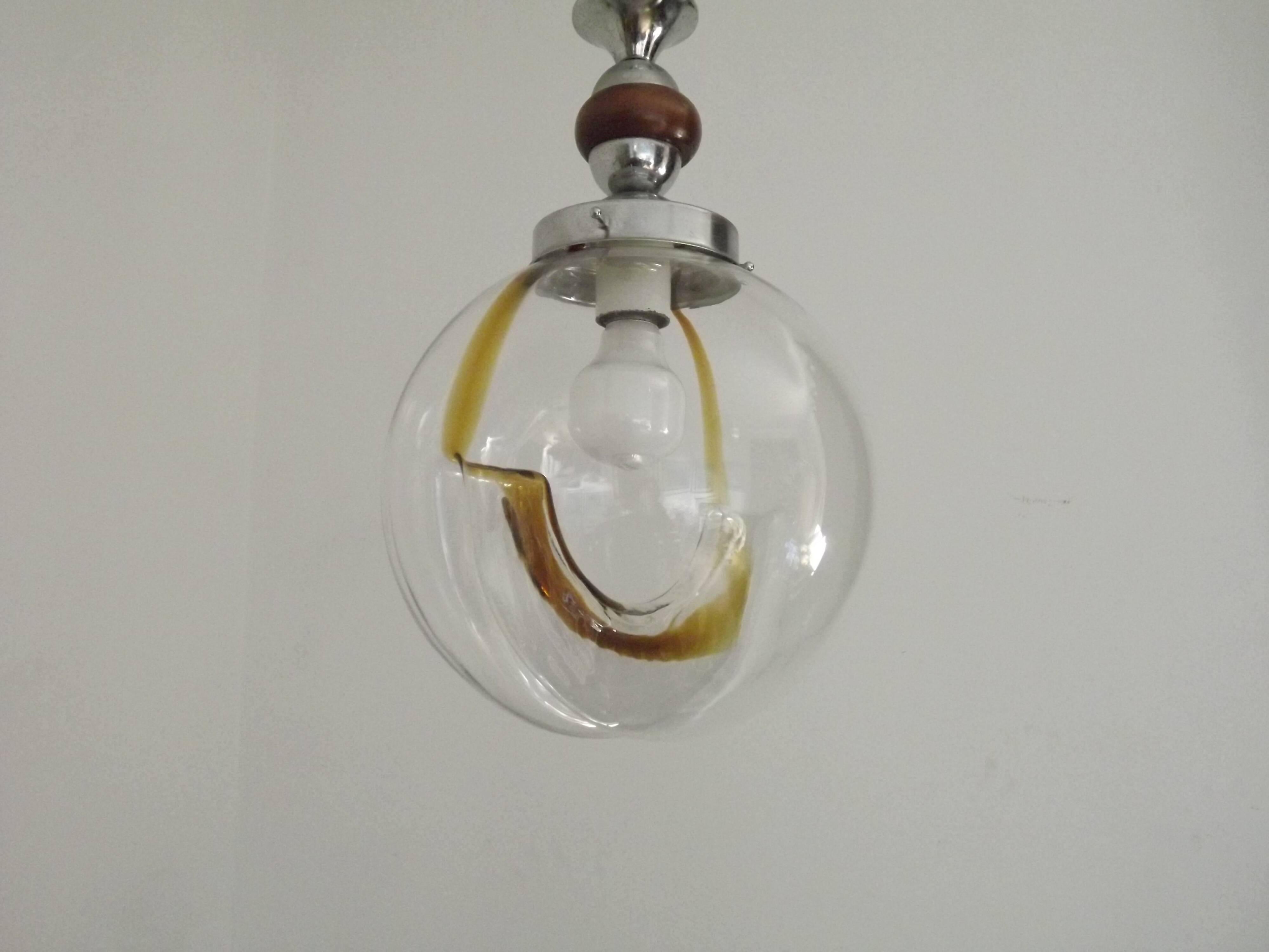 Vintage Murano Glass Globe Pendant Ceiling Light Amber Wave Mazzega Style
