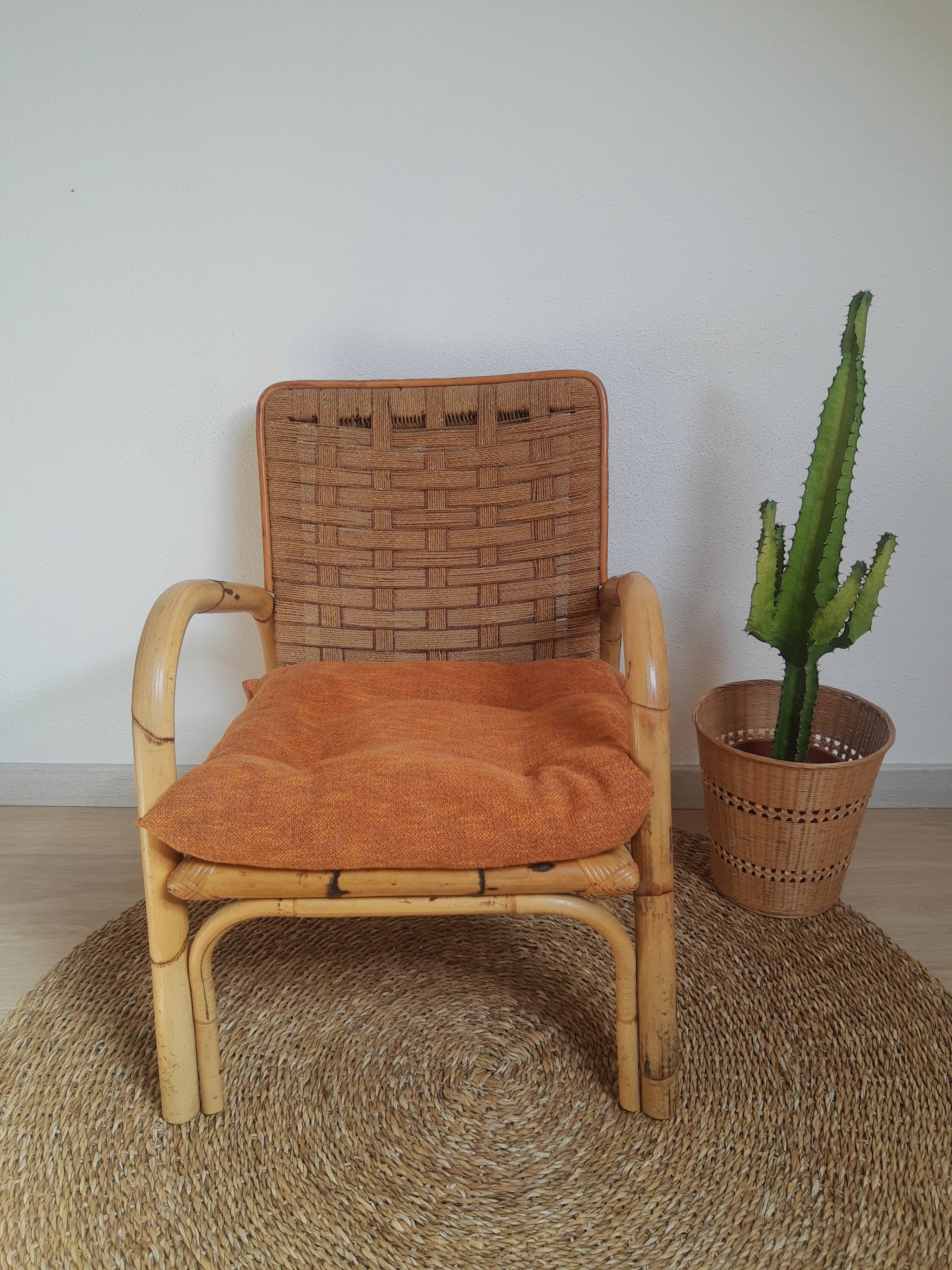 Vintage rattan and braided rope armchair