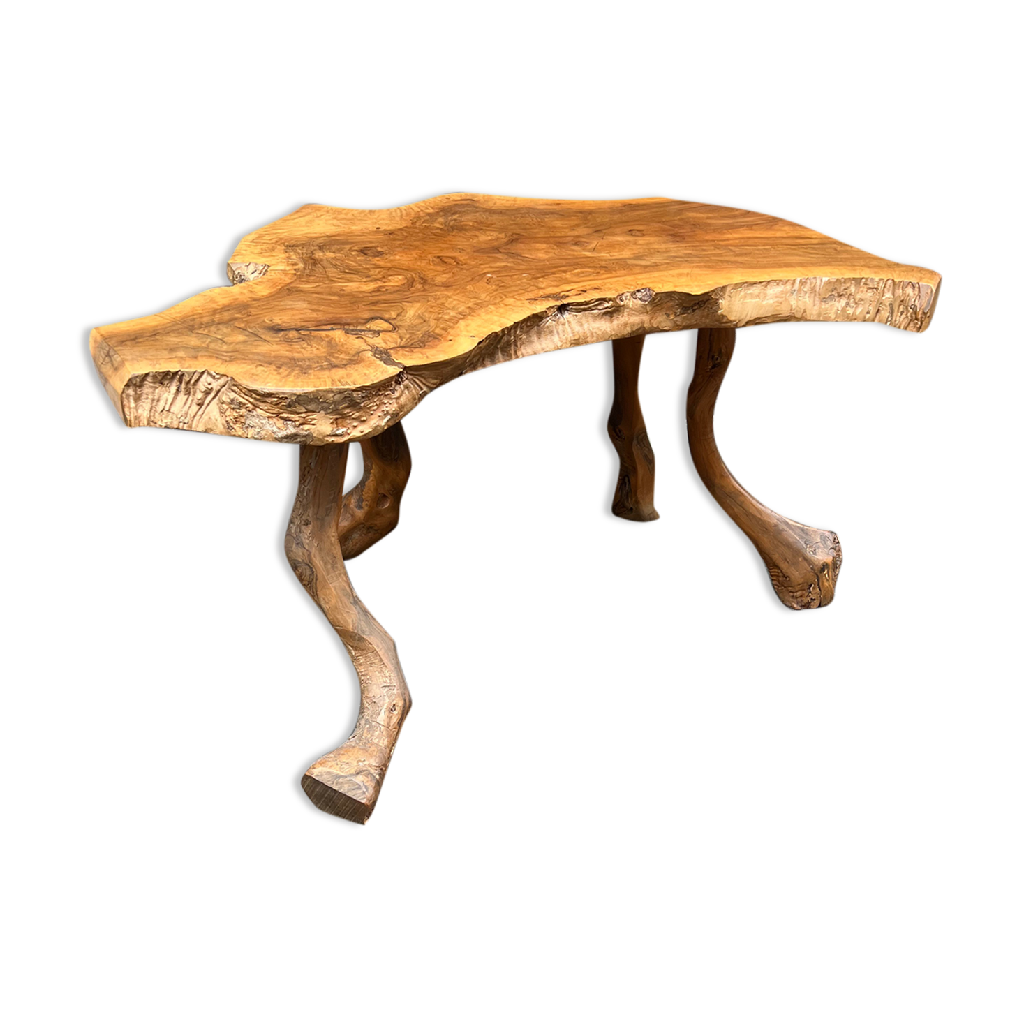 Brutalist coffee table in solid olive tree, period around 1960