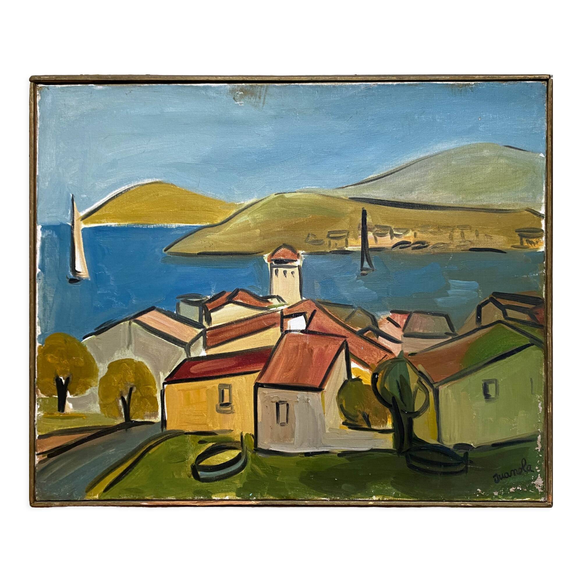 Painting "Village by the sea" made in oil on canvas signed Juanola
