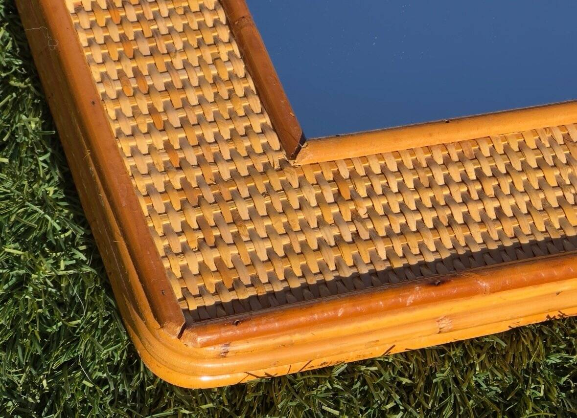 Bamboo and woven wicker mirrors in the style of Dior, 1960s-70s. Set of 2.