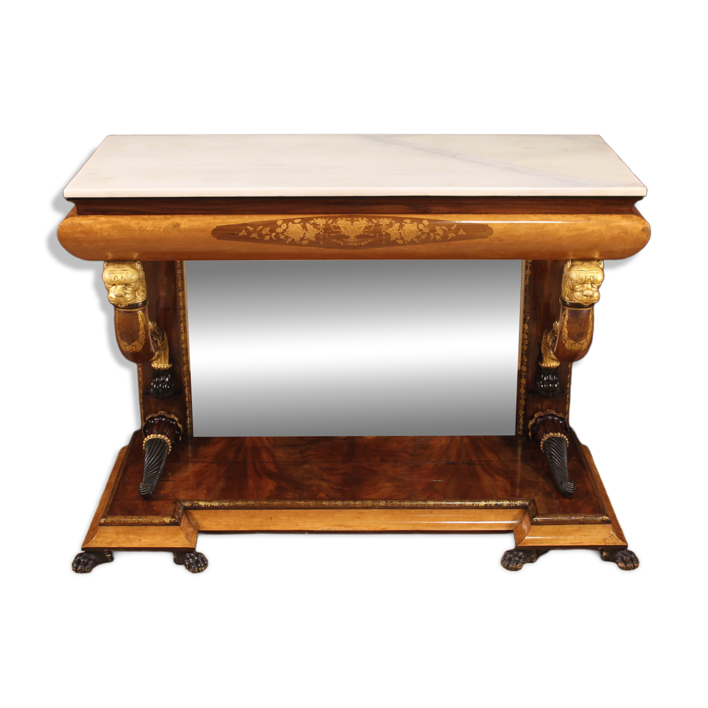 Console en marqueterie espagnole avec plateau en marbre du 19ème siècle