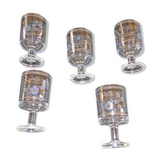 5 old glasses on foot floral decoration blue and gold vintage crystal?