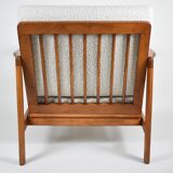 Fauteuil bouclé original Baczyk, restauré, blanc, teck