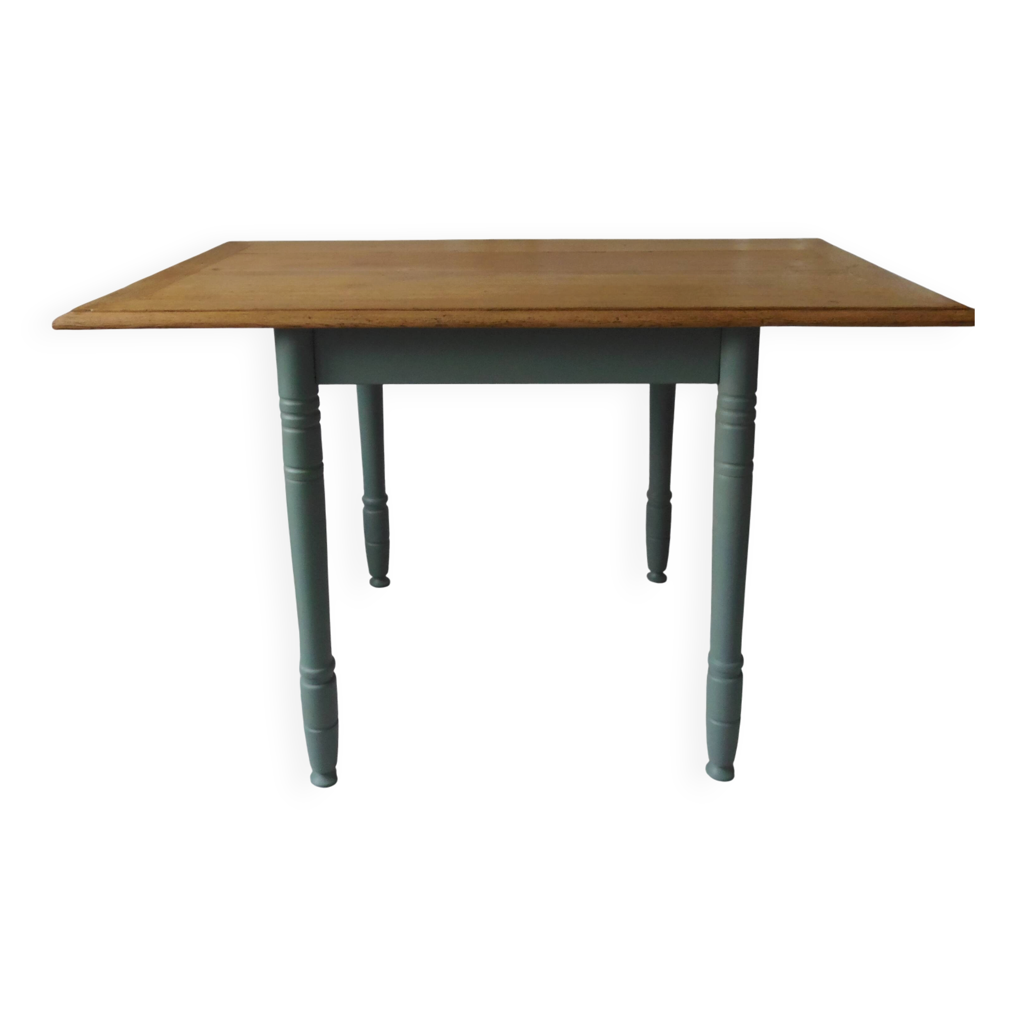 Table, vintage desk with smoked green legs, oak top.