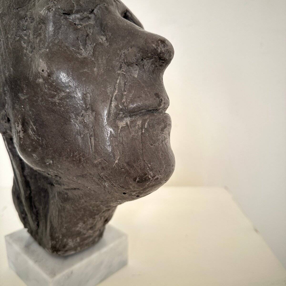 Mid Century Painted Plaster Bust of a Man on a Marble Base, 1976