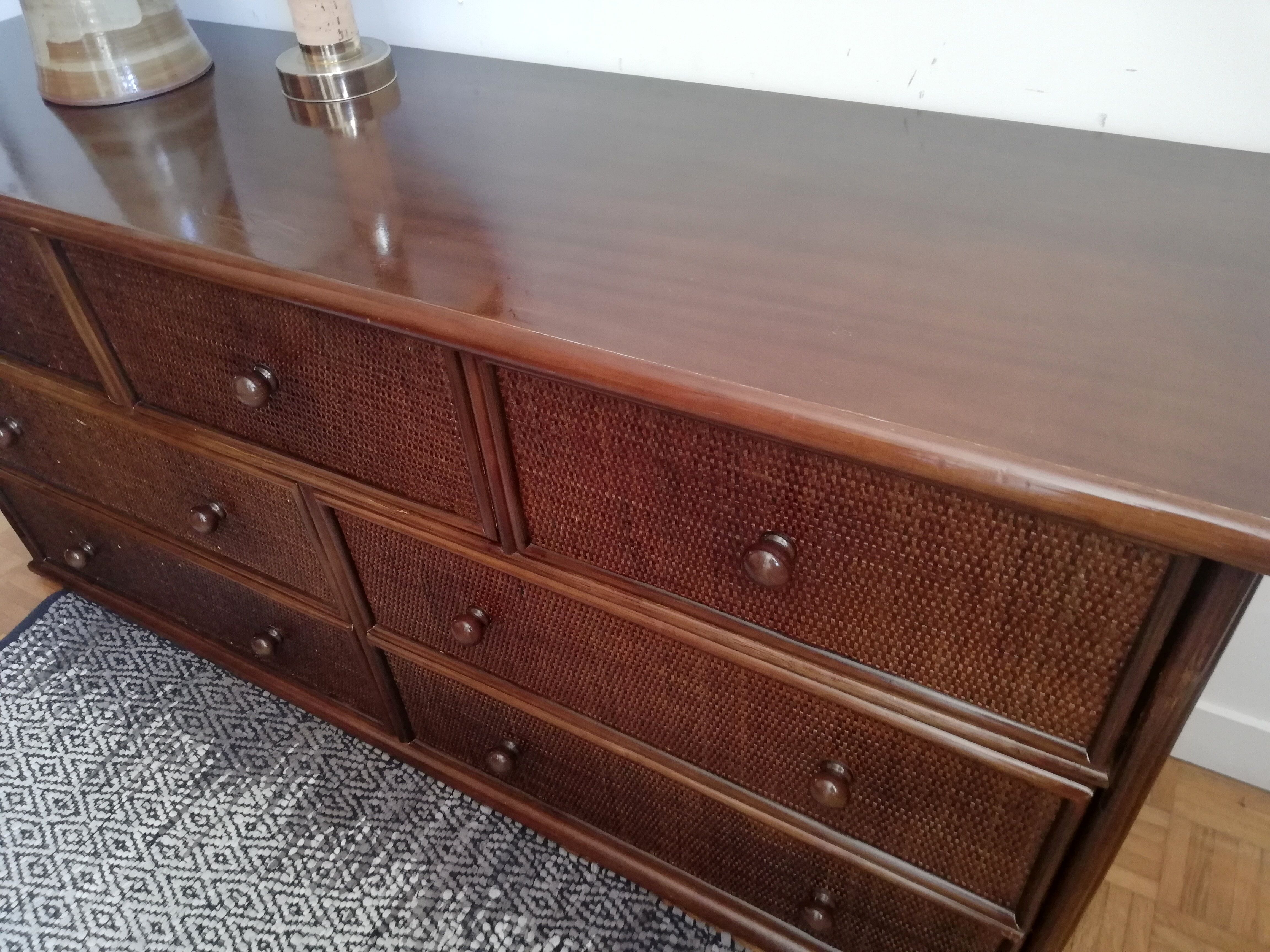 Chest of drawers braided rattan and wood