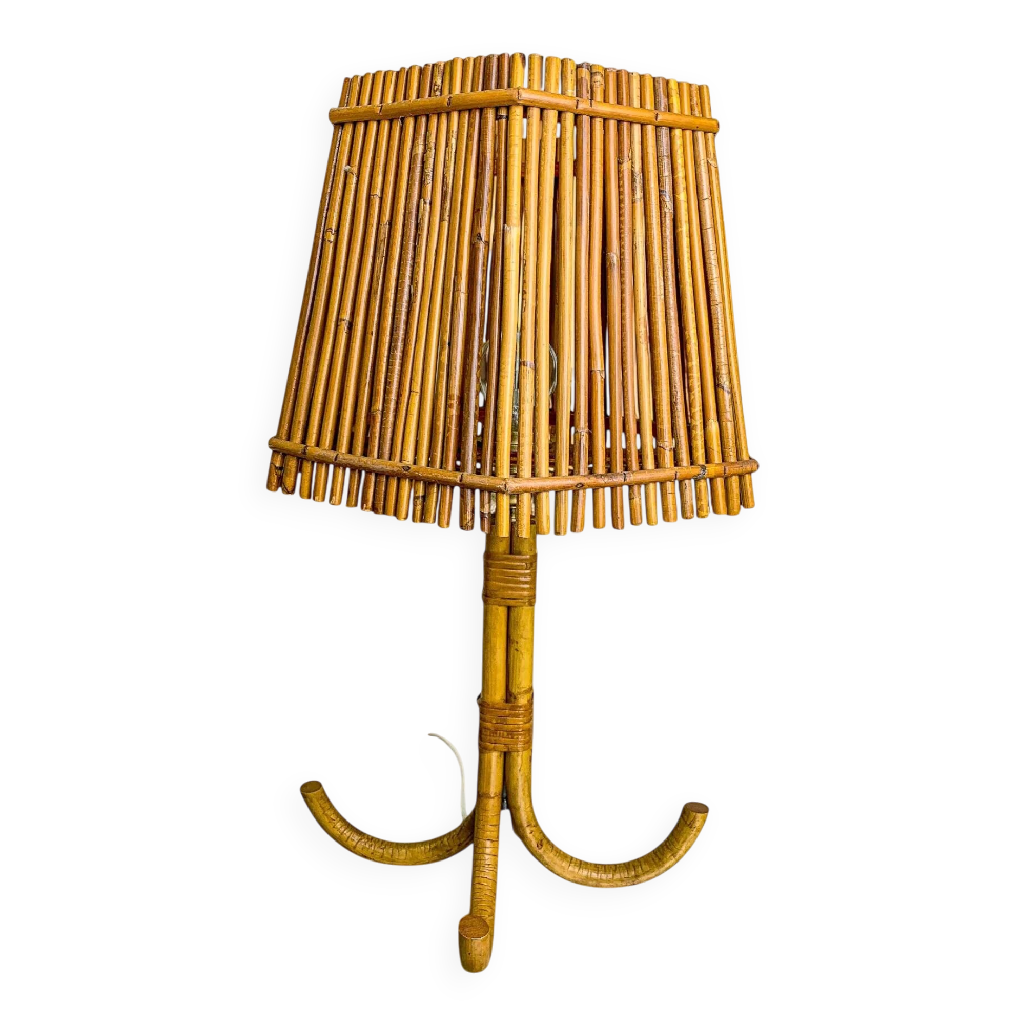 Large Louis Sognot French bamboo & rattan table lamp, France, 1960s