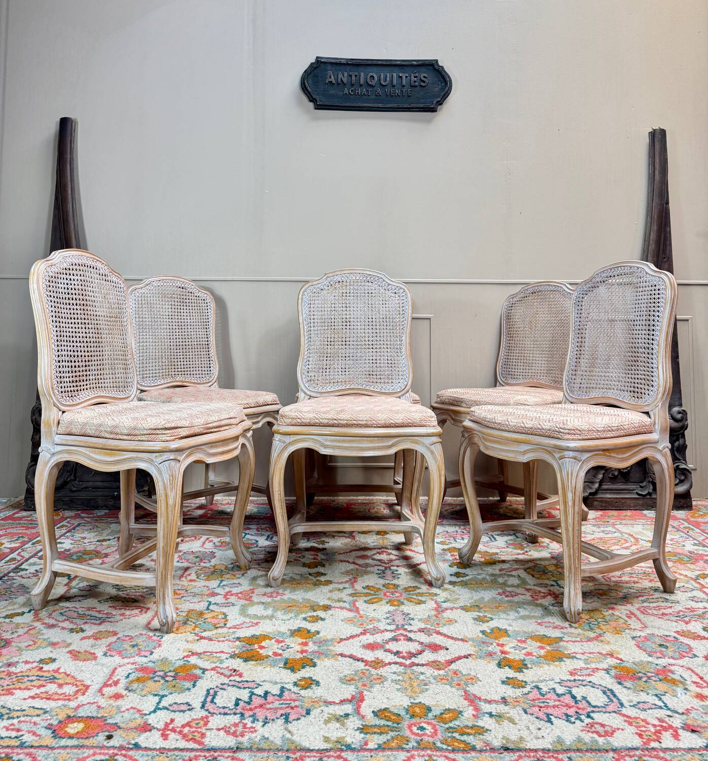 Set of six Louis XV style lacquered wood caned chairs