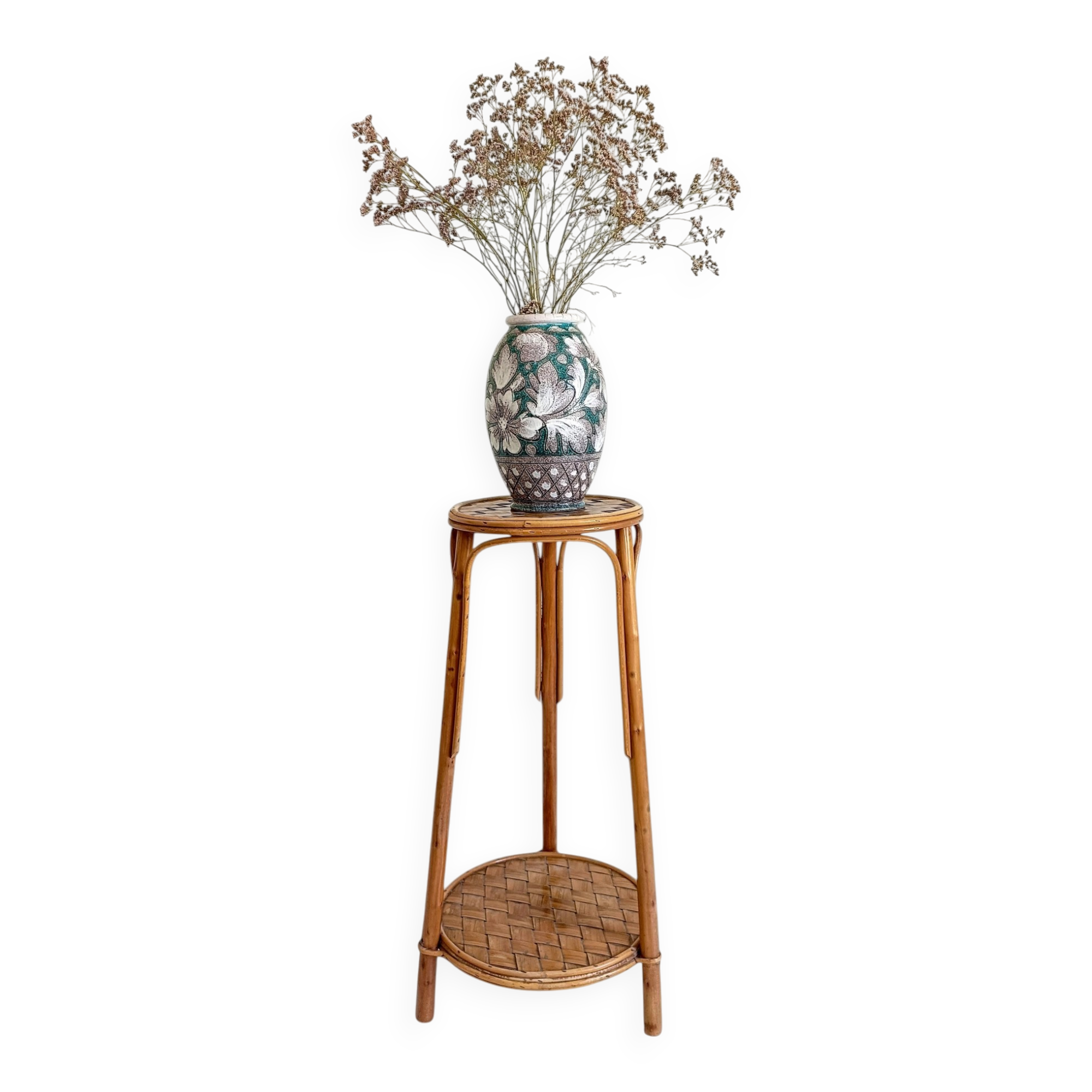 Table d'appoint, support à plante en bois, bambou et roseau, années 1960