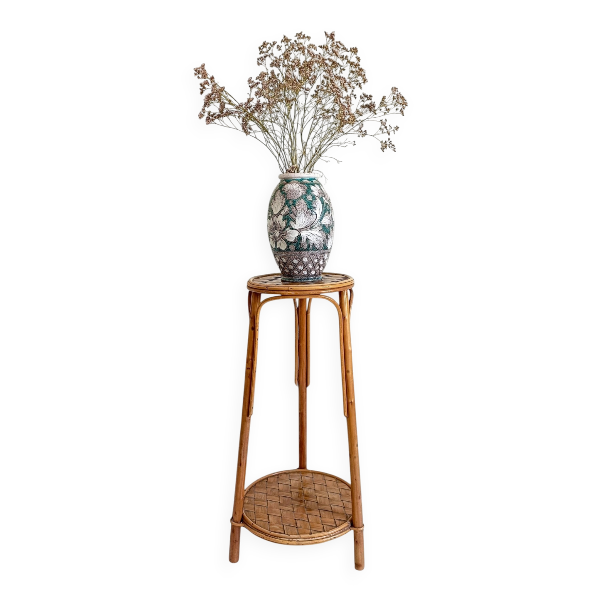 French Mid-Century Wood, Bamboo and Reed Plant Stand, 1960s