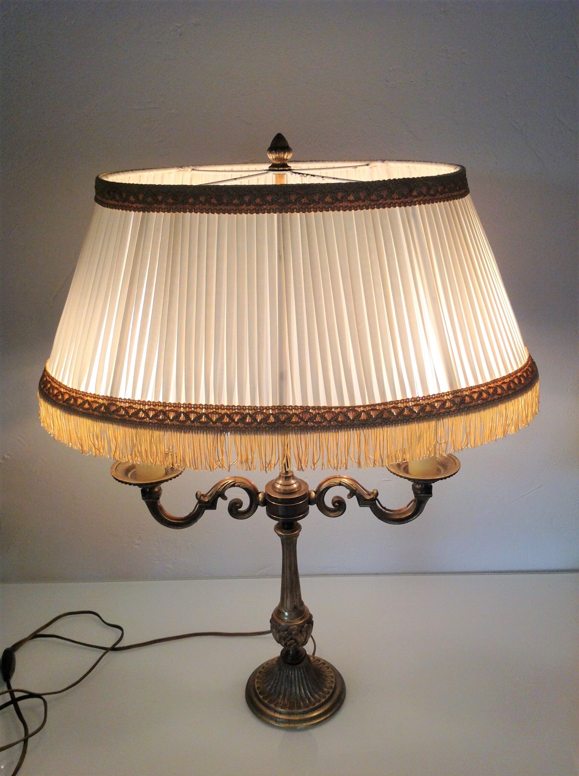 Empire style hot water bottle lamp with fabric lampshade / vintage 50-60s