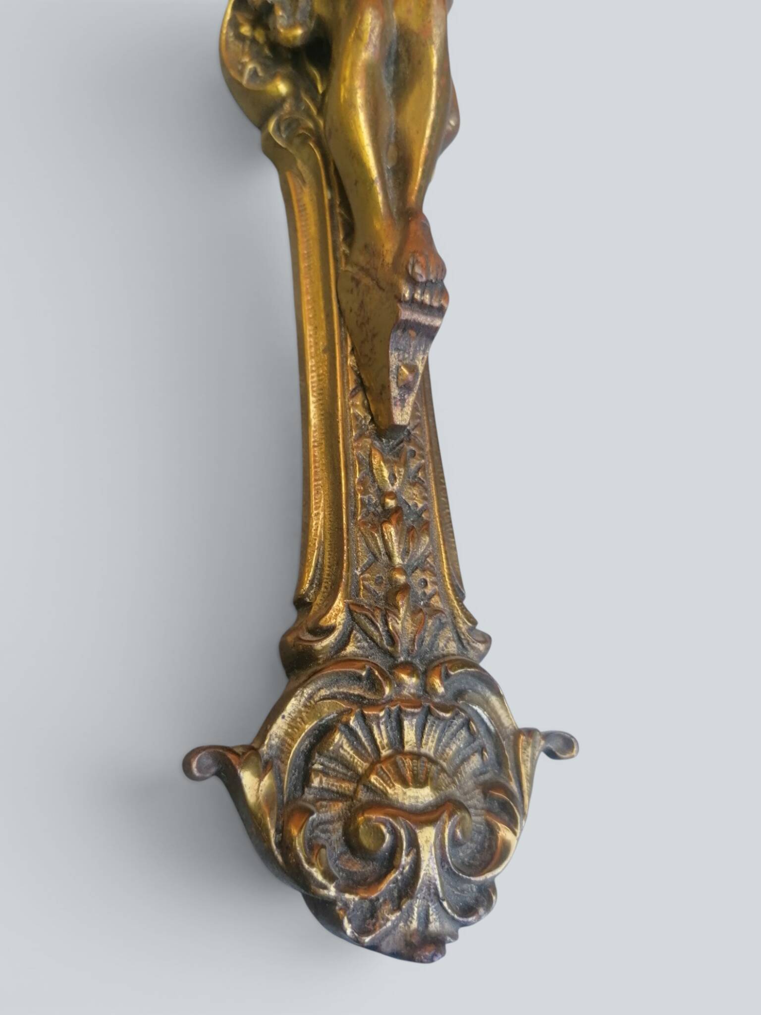 Ornate engraved brass crucifix, Christian cross, Jesus Christ.