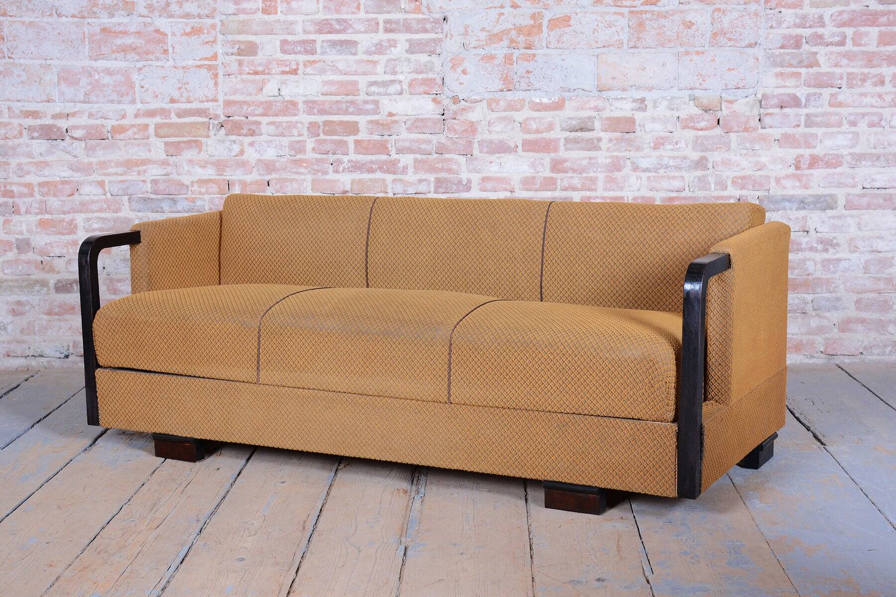 Czech Art Deco Sofas and Lounge Chairs in Beech and Oak attributed to Jindrich Halabala for Up Závody, 1930s, Set of 3