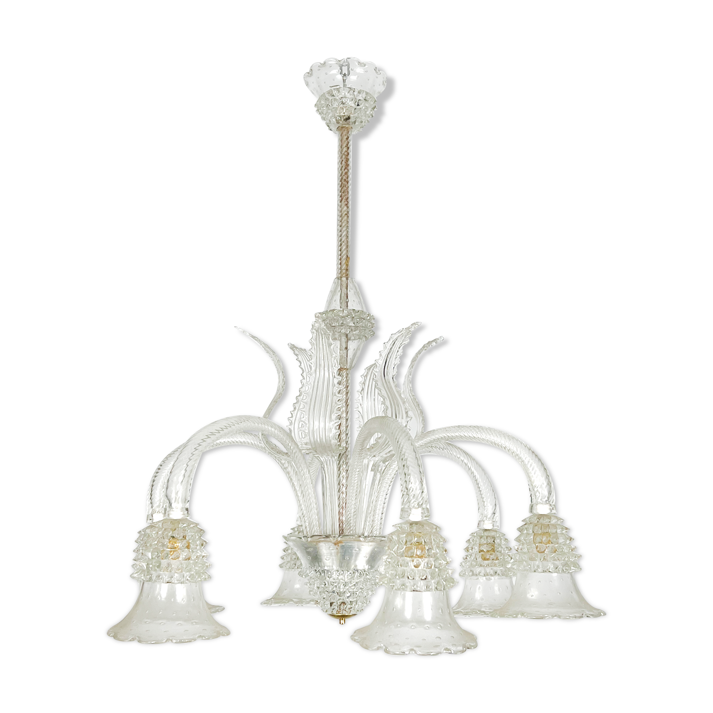 Mid-century six arms Murano Bullicante Rostrato chandelier by Ercole Barovier
