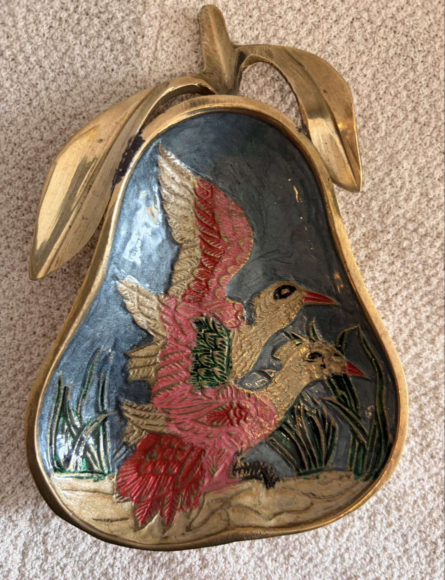 Vintage gold brass and cloisonné enamel pear trinket dish - 60s/70s