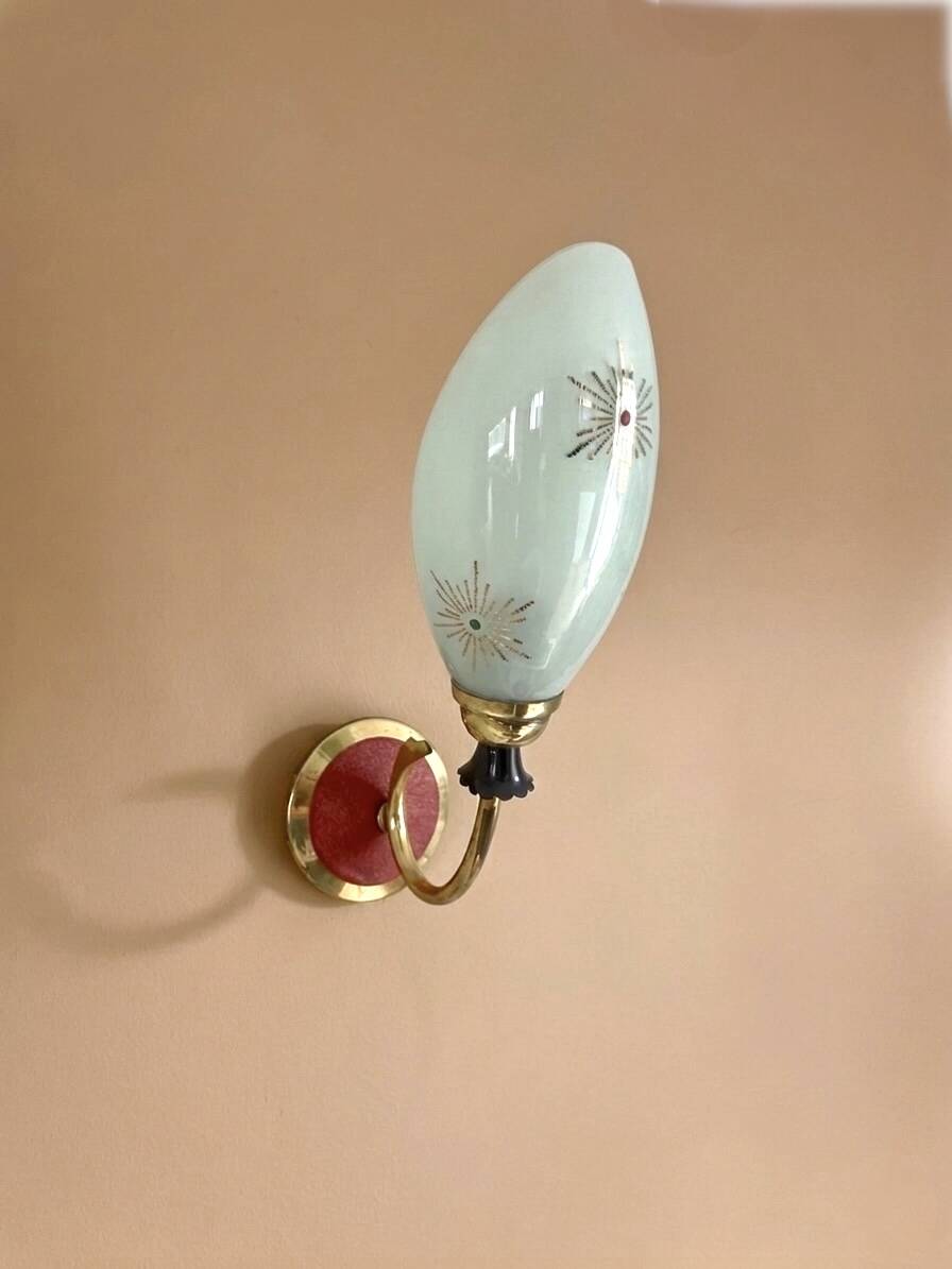 Vintage Mid Century Space Age brass & green opaline wall light Lunel
