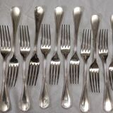 set of 12 Table Forks Christofle model "pearls" in silver metal of the 60s