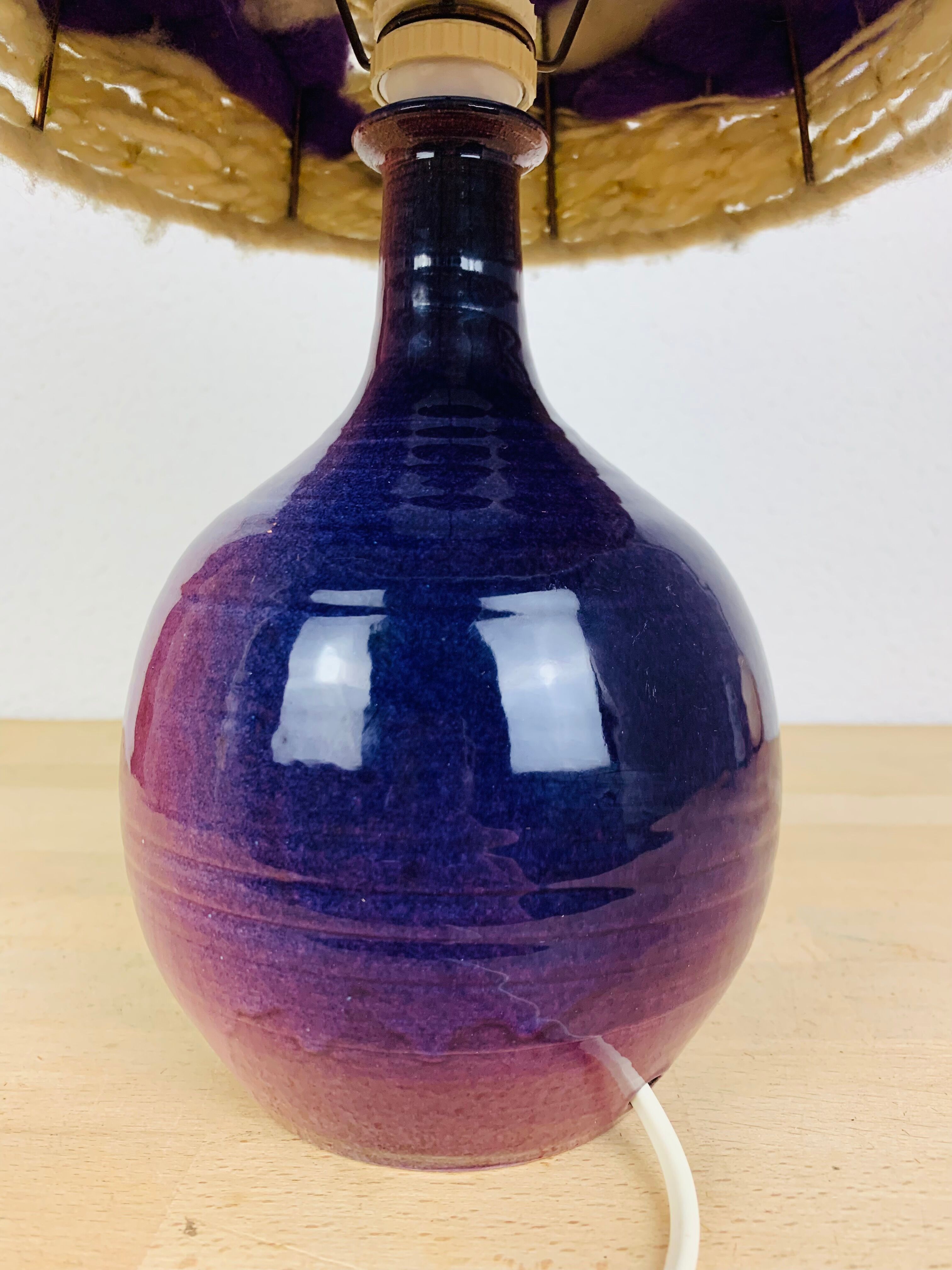 Purple ceramic lamp and wool lampshade 70s