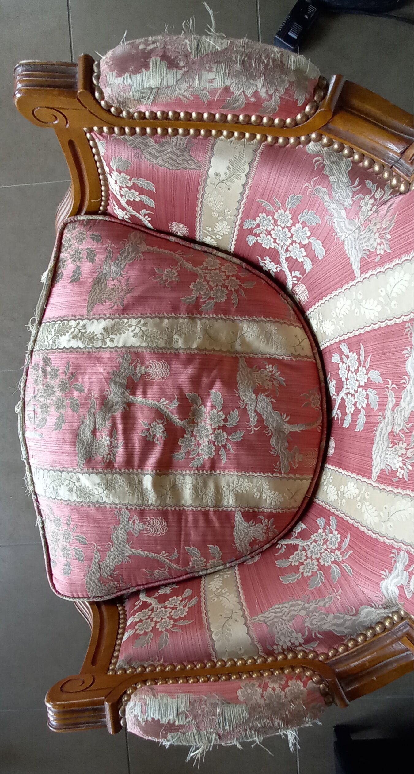 Pair of Louis XVI style armchairs in walnut and pink silk and ecru