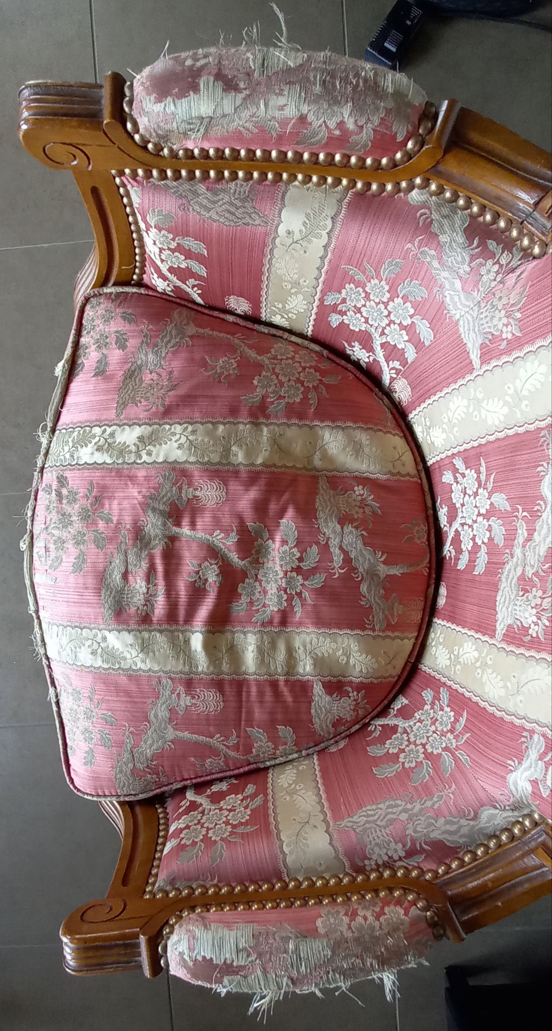 Pair of Louis XVI style armchairs in walnut and pink silk and ecru