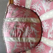 Pair of Louis XVI style armchairs in walnut and pink silk and ecru