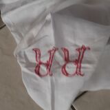 Large old tablecloth, damask, white. Red central monogram.